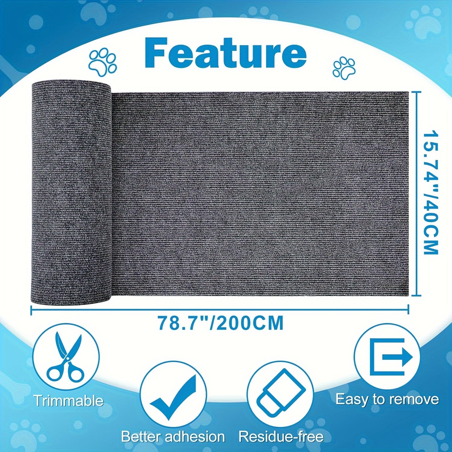Furniture Protector for Cats That Can Be Trimmed, Featuring a Self-Adhesive Scratching Mat to Safeguard Couches, Doors, And Cat Tree Shelves from Claws (Grey, 78.7 X 15.8).